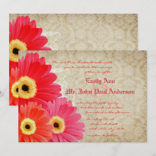 Coral Oranje roze Gerber Daisy Wedding Invitation Kaart