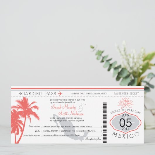 Coral Palm Tree Mexico Boarding Pass Weddenschap Kaart (Staand voorkant)
