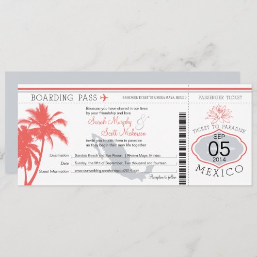 Coral Palm Tree Mexico Boarding Pass Weddenschap Kaart (Voorkant / Achterkant)