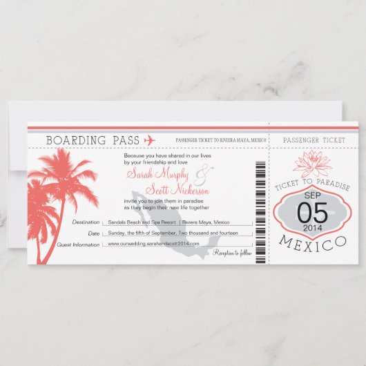 Coral Palm Tree Mexico Boarding Pass Weddenschap Kaart (Voorkant)