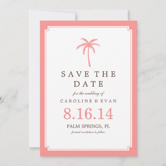 Coral Palm Tree Weddenschap Save the Date (Voorkant)