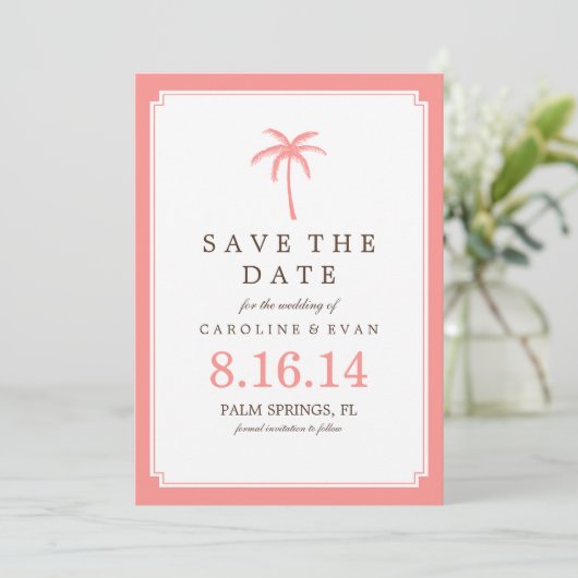 Coral Palm Tree Weddenschap Save the Date (Staand voorkant)