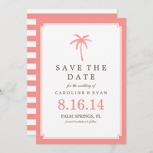 Coral Palm Tree Weddenschap Save the Date (Voorkant / Achterkant)