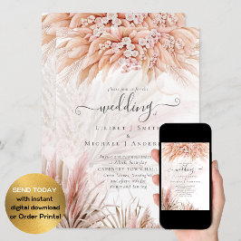 Coral Pampas Grass BOHO Wedding Invitation Kaart