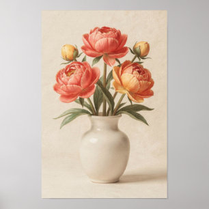 Coral Paonies in een Ivoren Vaas Bloemenposter Poster