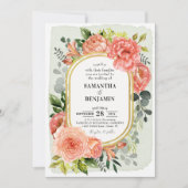 Coral Peach Blush Bloemen Goud Moderne bruiloft Kaart (Voorkant)