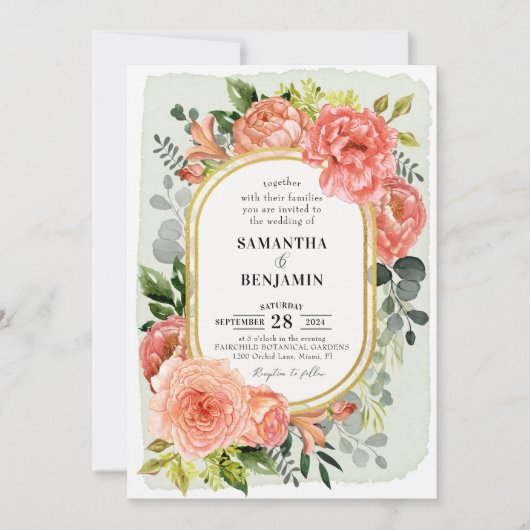 Coral Peach Blush Bloemen Goud Moderne bruiloft Kaart (Voorkant)