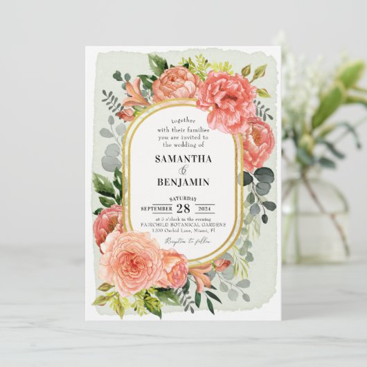 Coral Peach Blush Bloemen Goud Moderne bruiloft Kaart (Staand voorkant)
