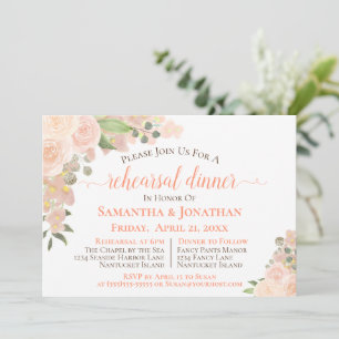 Coral Peach Boho Floral Wedding Rehearsal Dinner Kaart