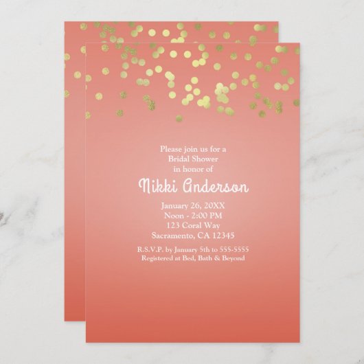 Coral Peach Dipped Chic Gold Stippen Party Invitat Kaart (Voorkant / Achterkant)