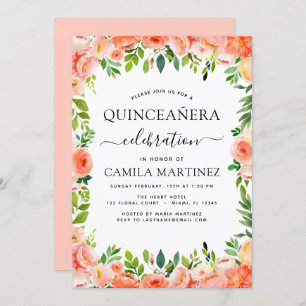Coral Peach Floral Quinceañera Greenery Invitation Kaart