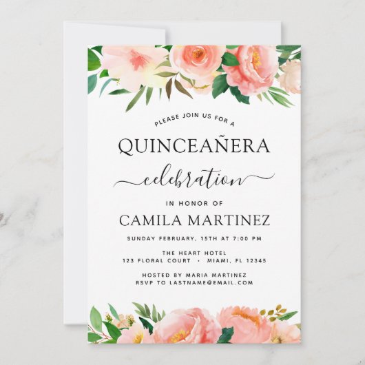 Coral Peach Floral Quinceañera Greenery Invitation Kaart (Voorkant)