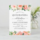 Coral Peach Floral Quinceañera Greenery Invitation Kaart (Staand voorkant)