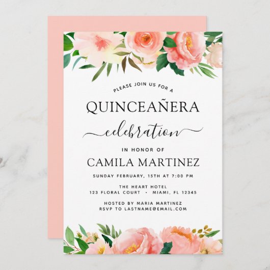 Coral Peach Floral Quinceañera Greenery Invitation Kaart (Voorkant / Achterkant)