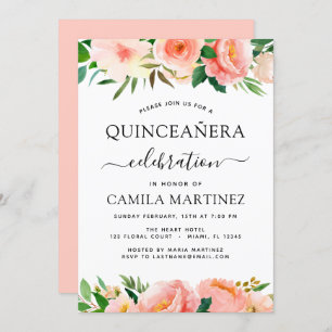 Coral Peach Floral Quinceañera Greenery Invitation Kaart