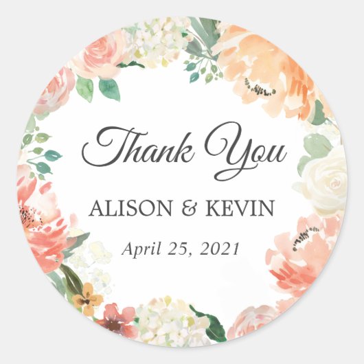 Coral Peach Floral Wreath Trouwgunst Dank u Ronde Sticker (Voorkant)