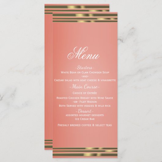 Coral Peach & Gold Dipped Chic Uitnodigingsmenu Menu (Voorkant / Achterkant)