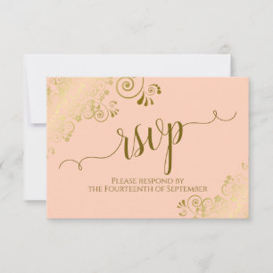 Coral Peach Gold Lace Elegant Calligraphy Wedding RSVP Kaartje