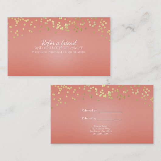 Coral Peach & Gold Stippen Chic Verwijs een Vriend Aanbevelingskaartje (Voorkant / Achterkant)