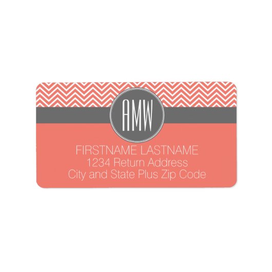 Coral Peach Gray Chevrons Custom Triple Monogram Etiket (Voorkant)