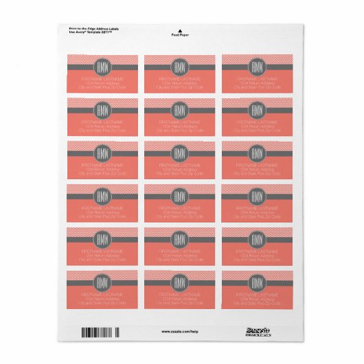 Coral Peach Gray Chevrons Custom Triple Monogram Etiket (Full Sheet)