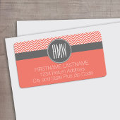 Coral Peach Gray Chevrons Custom Triple Monogram Etiket
