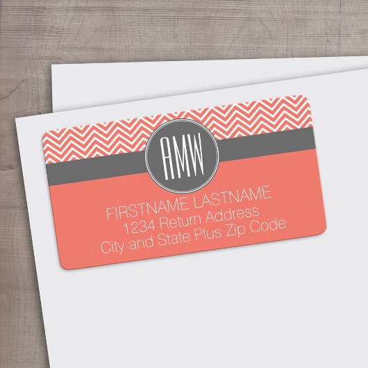 Coral Peach Gray Chevrons Custom Triple Monogram Etiket