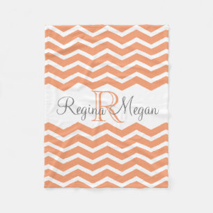 Coral Peach Gray Monogram Naam Keepslag Chevron Fleece Deken