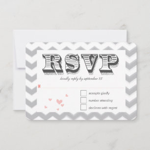 Coral Peach Gray Zig Zag Typography Wedding RSVP Kaart