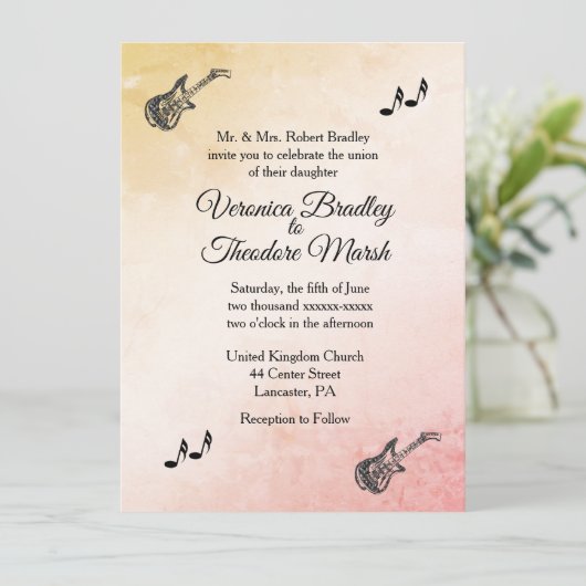 Coral Peach Guitar Theme Weddenschap Kaart (Staand voorkant)