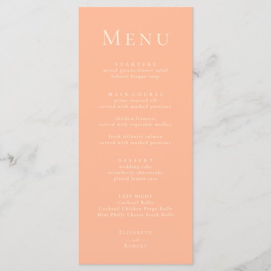 Coral Peach Moderne Minimalistische Wedding Menu K (Voorkant)