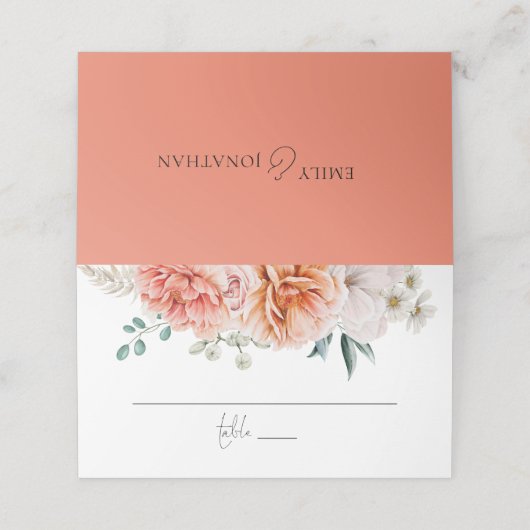 Coral Peach Peonies Script Weddenschap Plaatskaartje (Buitenkant ongevouwen)