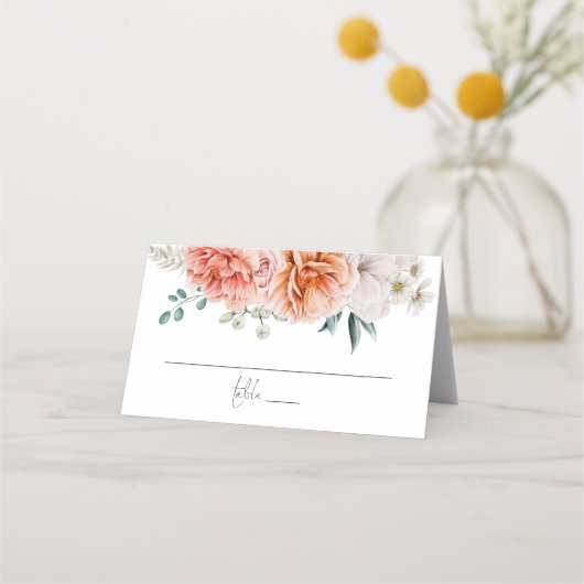 Coral Peach Peonies Script Weddenschap Plaatskaartje (Voorkant)