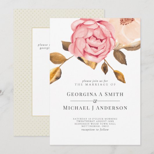 Coral Peach Pink Gold Floral Wedding Invitations Kaart (Voorkant / Achterkant)