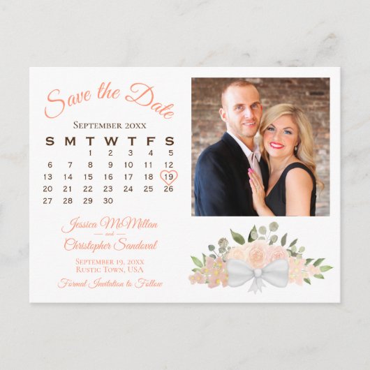 Coral Peach Rozen Foto en agenda Opslaan datum Aankondigingskaart (Voorkant)