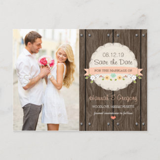 Coral Peach RUSTIC FLORAL BOHO Bewaar de datum Aankondigingskaart