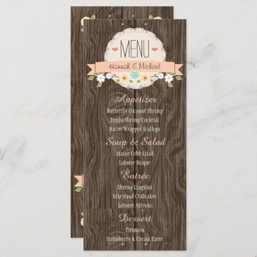 Coral Peach Rustic Floral Wedding Menu Kaart (Voorkant / Achterkant)
