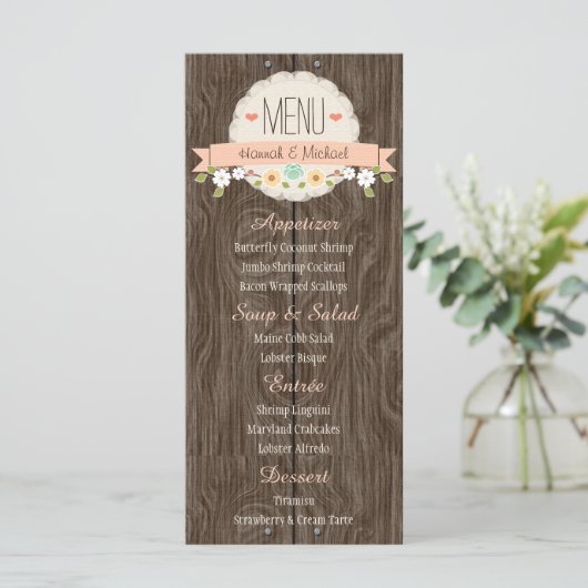 Coral Peach Rustic Floral Wedding Menu Kaart (Staand voorkant)