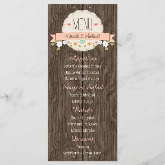 Coral Peach Rustic Floral Wedding Menu Kaart (Voorkant)