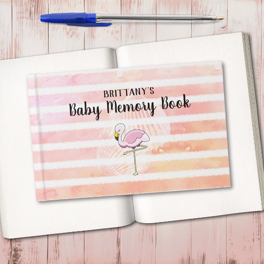 Coral Peach Striped Flamingo Baby Memory Book Gastenboek