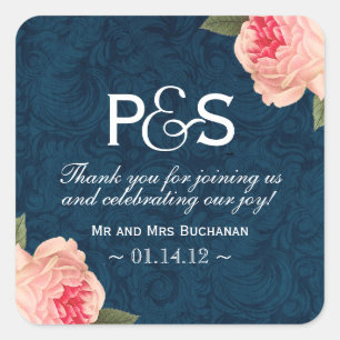 Coral Peonie en Navy Favor Stickers