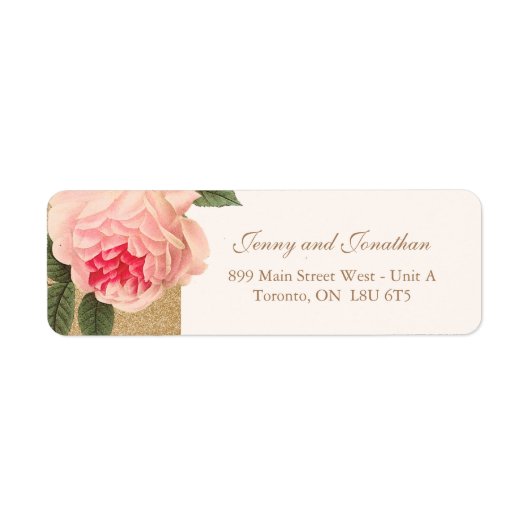 Coral Peonie op Gold Glitter Retouradres Labels (Voorkant)