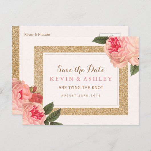Coral Peonies Save the Date Briefkaart (Voorkant / Achterkant)