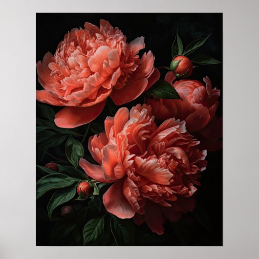 Coral Peony Flowers Art Print Poster (Voorkant)