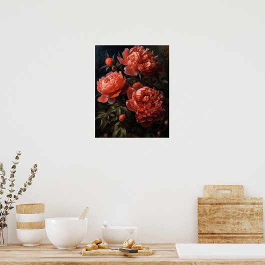 Coral Peony Flowers Art Print Poster (Keuken)