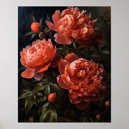 Coral Peony Flowers Art Print Poster (Voorkant)