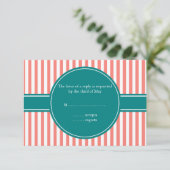 Coral Pink and White Stripes andTeal Wedding RSVP (Staand voorkant)