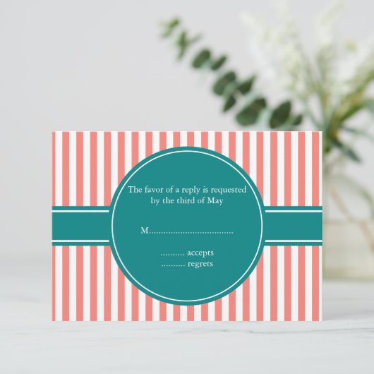 Coral Pink and White Stripes andTeal Wedding RSVP (Staand voorkant)