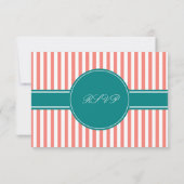 Coral Pink and White Stripes andTeal Wedding RSVP (Achterkant)