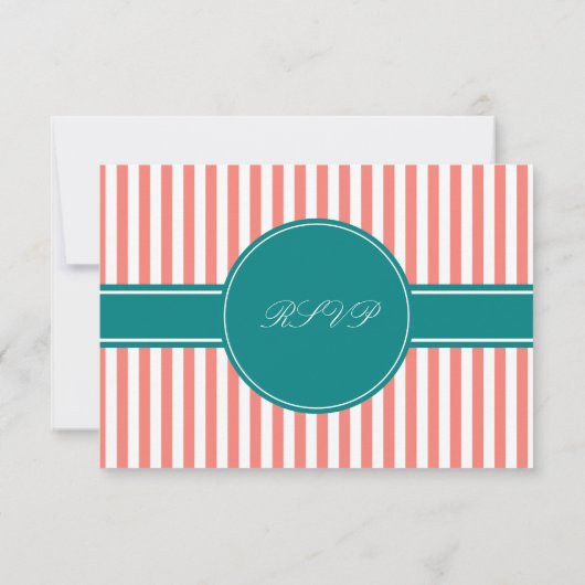 Coral Pink and White Stripes andTeal Wedding RSVP (Achterkant)